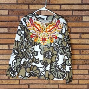 Life Style Medium Zip Up Jacket Blazer Floral Embroidered